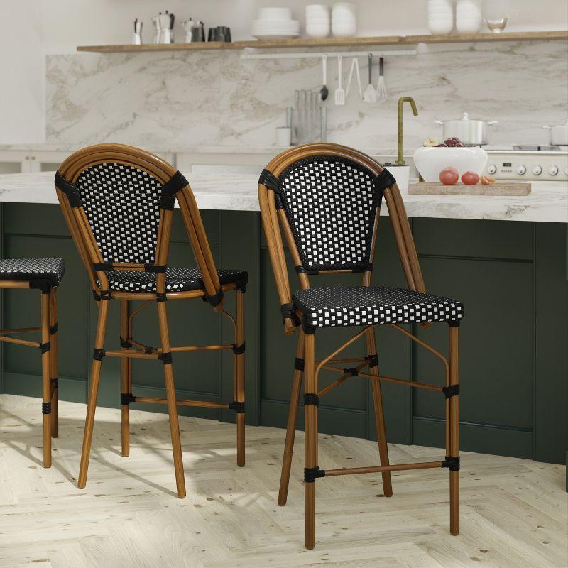 Emma + Oliver 26" Black & White PE Rattan Bistro Counter Stools with Bamboo Metal Frame