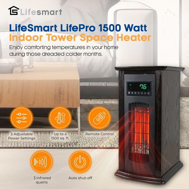 LifeSmart LifePro 1500W Infrared Quartz Indoor Home Tower Space Heater with Adjusting Temperatures and Remote Controls, Black