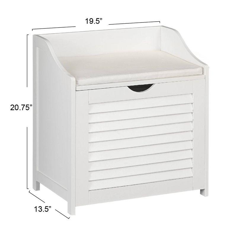 Household Essentials Design Trends Bench Hamper with Shutter Front and Foam Cushion White: Clothes Hamper with Lid, Removable Liner