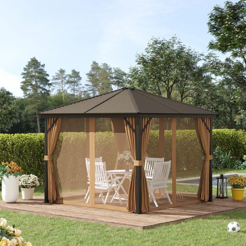 Outsunny 10x10 Hardtop Gazebo with Aluminum Frame, Permanent Metal Roof Gazebo Canopy with Curtains and Netting for Garden, Backyard, Light Brown