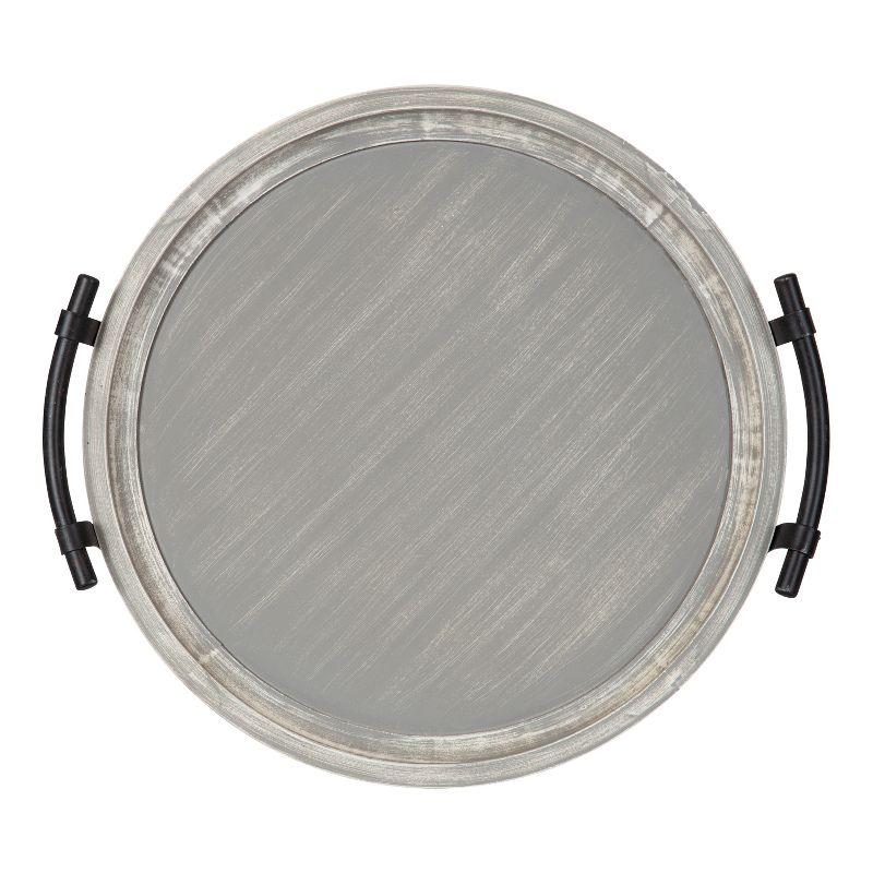 Rustic Gray Distressed Wooden Round Tray with Metal Handles