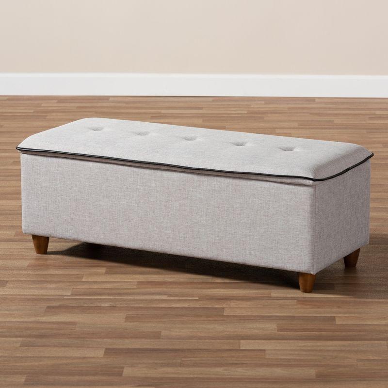 Marlisa 43" Grayish Beige Fabric Upholstered Storage Ottoman with Walnut Finish