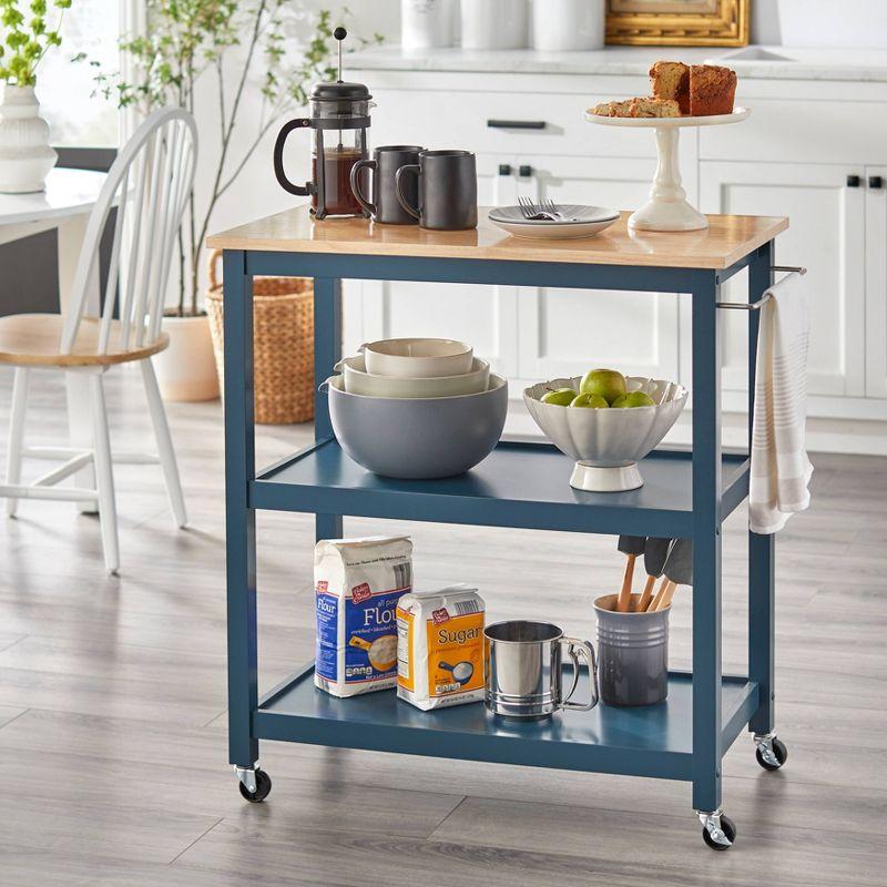 Blue and Natural Wood 2-Tier Rolling Kitchen Cart