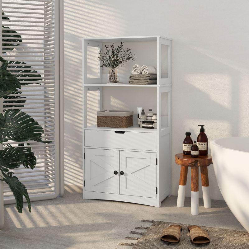 White MDF Freestanding Bathroom Storage Cabinet with Shelves and Doors