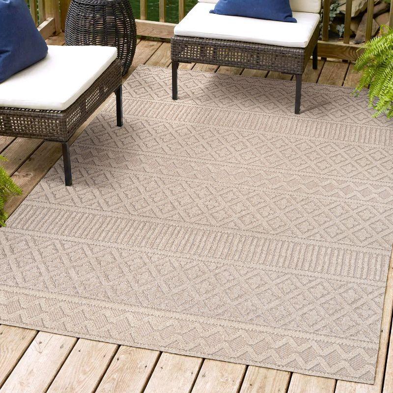 Beige and Gray Geometric Synthetic Indoor/Outdoor Area Rug