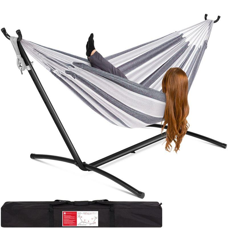 Steel Frame 2-Person Gray and White Cotton Hammock with Stand