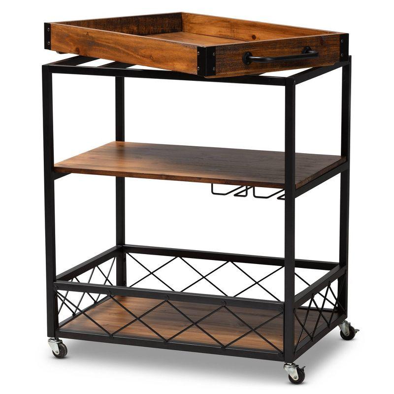 Livi Homes Paloma Mobile Metal Bar Cart with Stemware Rack in Vintage Rustic Industrial Oak Brown and Black