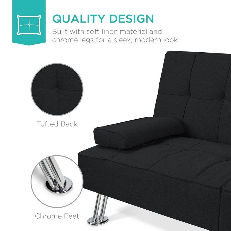 Best Choice Products Modern Linen Convertible Futon Sofa Bed w/ Removable Armrests, Metal Legs, Cupholders - Black