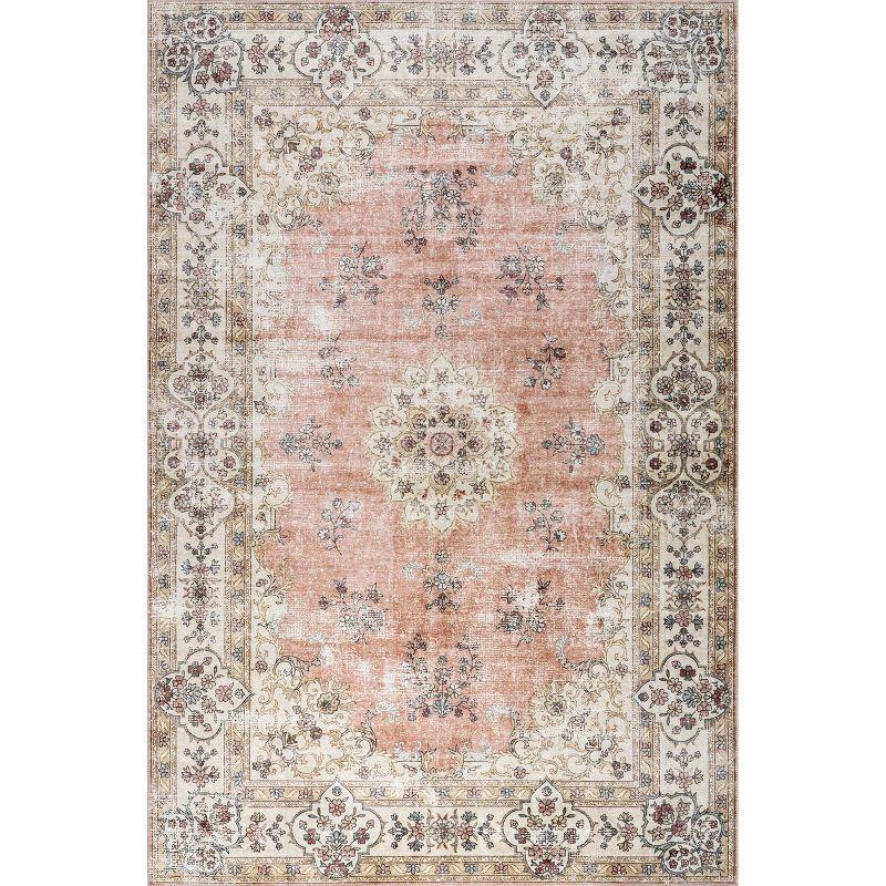 Nuloom Teja SplashGuard Persian Medallion Machine Washable Area Rug, 4' x 6', Teja Peach