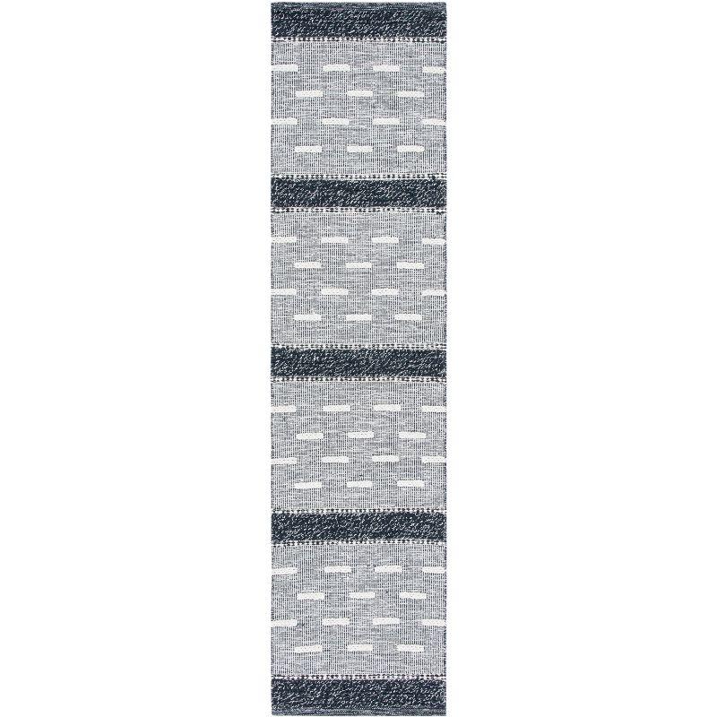 Black and Ivory Striped Kilim Wool Cotton Runner Rug