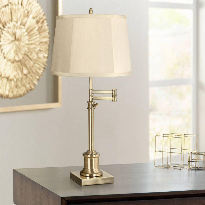 360 Lighting Swing Arm Desk Table Lamp 36" Tall Antique Brass Beige Fabric Drum Shade for Living Room Bedroom Bedside Office Family