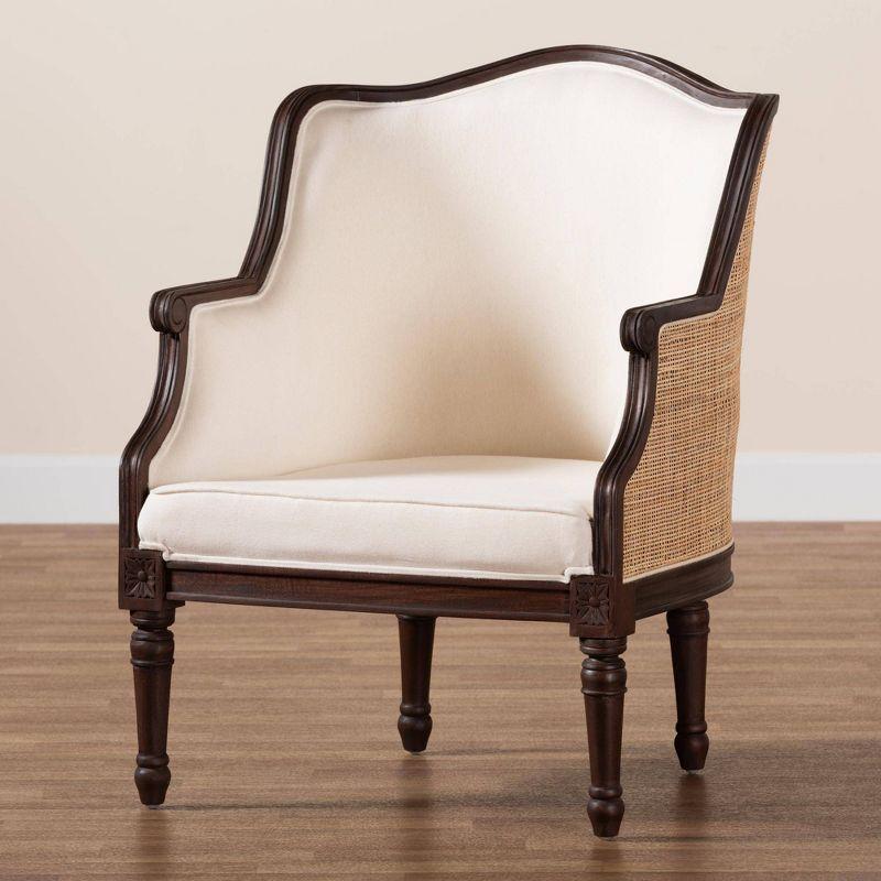 bali & pari Ornella Fabric and Wood Accent Chair Beige/Dark Brown: Polyester Upholstery, Rattan Frame