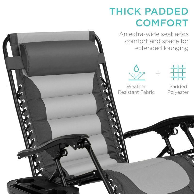 Best Choice Products Oversized Padded Zero Gravity Chair, Folding Outdoor Patio Recliner w/ Side Tray - Gray/Light Gray