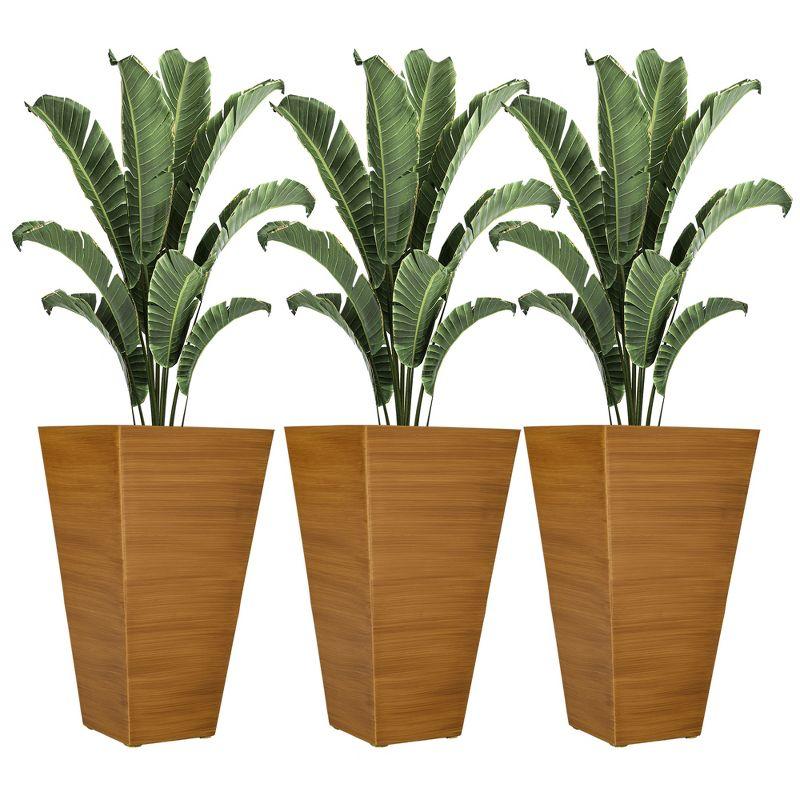 Set of 3 Light Brown Tall Faux Wood Outdoor Planters