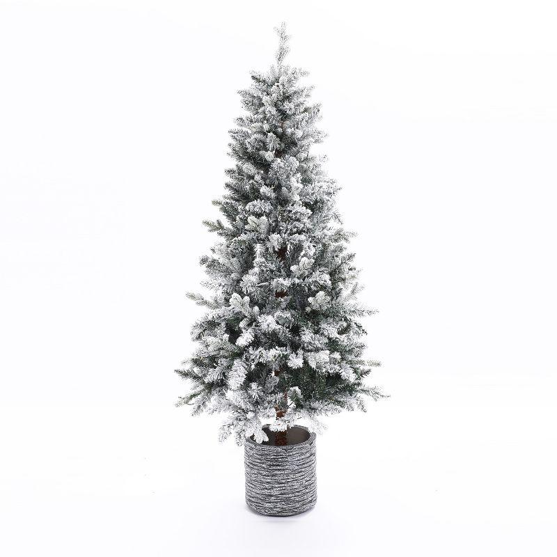 LuxenHome 5.6Ft Pre-Lit Artificial Flocked Christmas Tree, Slim Fir Tree with Lights and Gray Pot Off-White