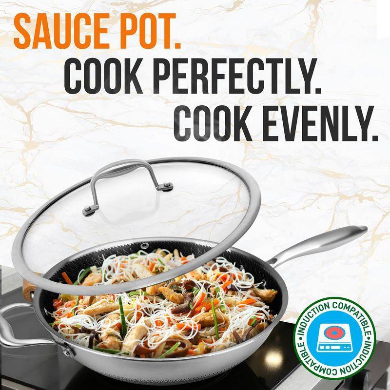 NutriChef 12 Inch Stainless Steel Nonstick Cooking Wok Kitchen Stir Fry Pan with Glass Lid for Gas, Electric, Ceramic, and Induction Counter Cooktops