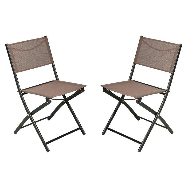 Emma and Oliver Set of 2 Folding Chairs for Indoor/Outdoor Use with Brown Flex Comfort Material and Black Steel Frames