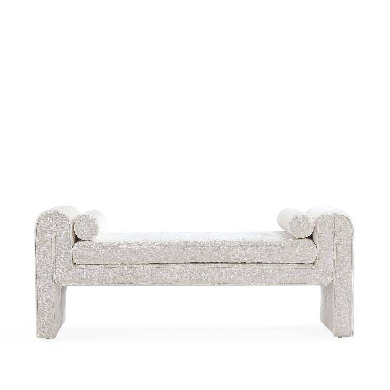 Ivory Chenille Upholstered Bench with Cylinder Pillows, 59"