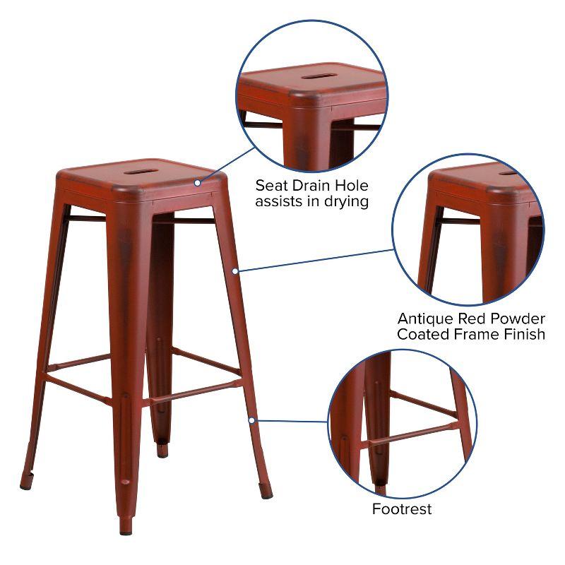 Merrick Lane Metal 30" Bar Height Stool with Distressed Kelly Red Powder Coated Finish and Integrated Floor Glides