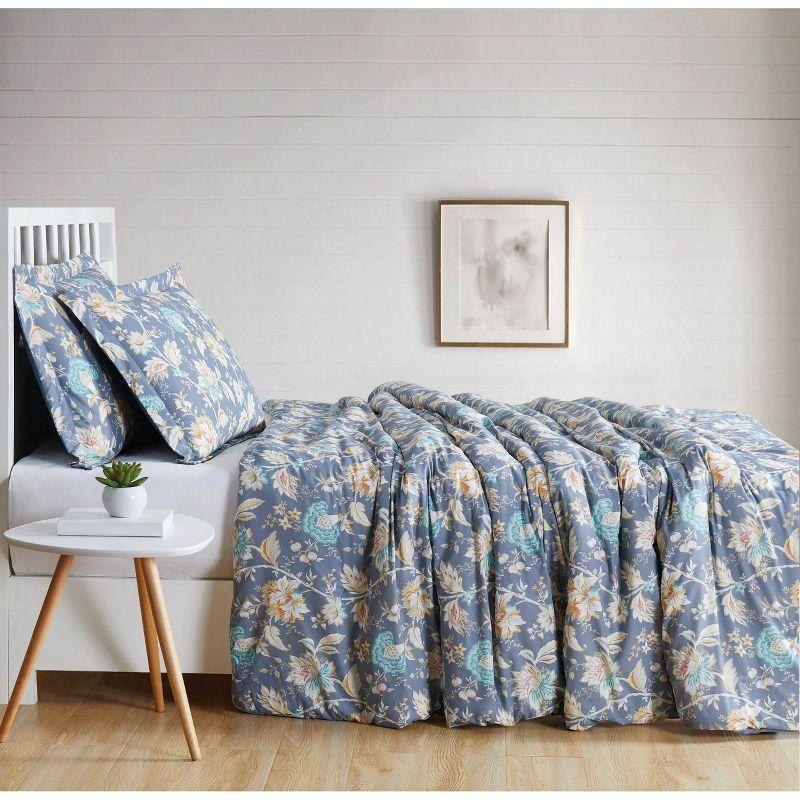 Slate Blue Floral King Comforter Set with Reversible Design