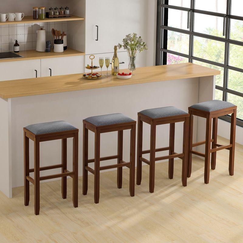 Walnut 31" Backless Upholstered Bar Stools with Gray Linen Seats