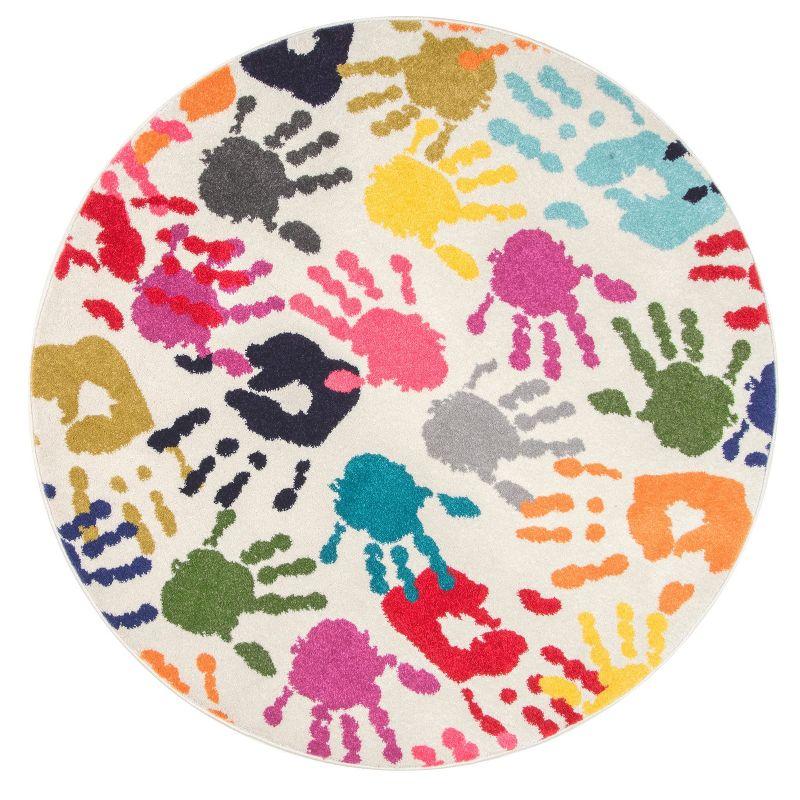 Multicolor Handprint Round Synthetic Kids Rug