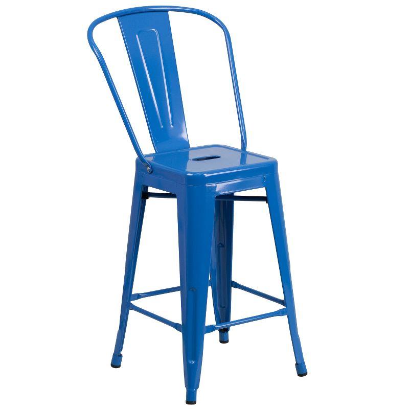 24" High Blue Steel Indoor-Outdoor Counter Stool with Removable Back