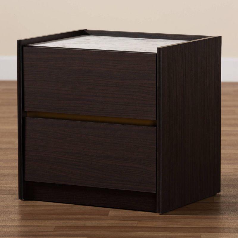 Walker Wood Nightstand: Faux Marble Top, Gold Accents, 2 Drawers - Baxton Studio