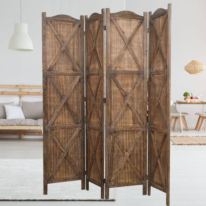 Rancho Barn 4 Panel Room Divider with Folding Screen Room Partition Paulownia Wood Brown - Proman Products: Vintage Farmhouse Style