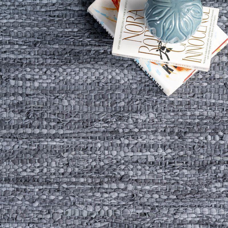 Handwoven Coastal Hemp & Leather 3' x 5' Blue Area Rug