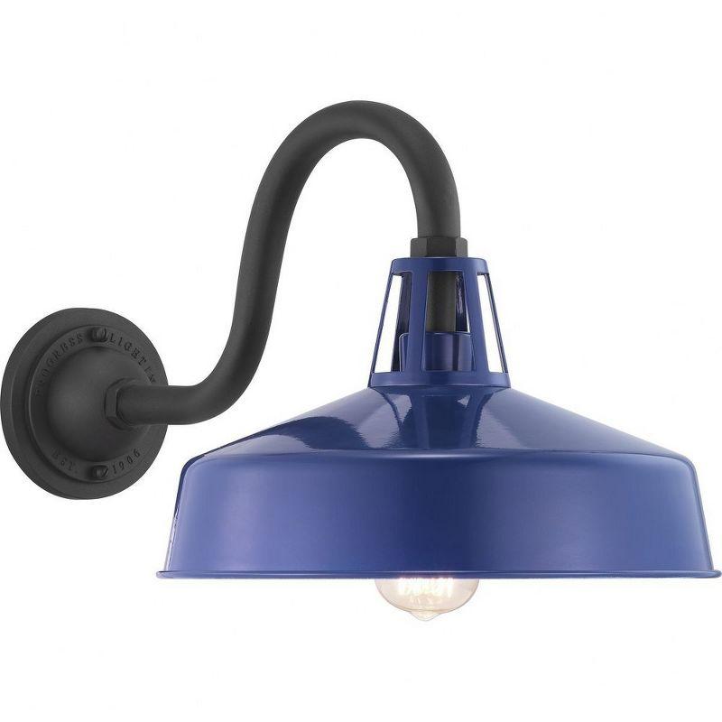 Progress Lighting Cedar Springs 1-Light Outdoor Wall Lantern in Navy, Aluminum, Gooseneck Arm, White Shade