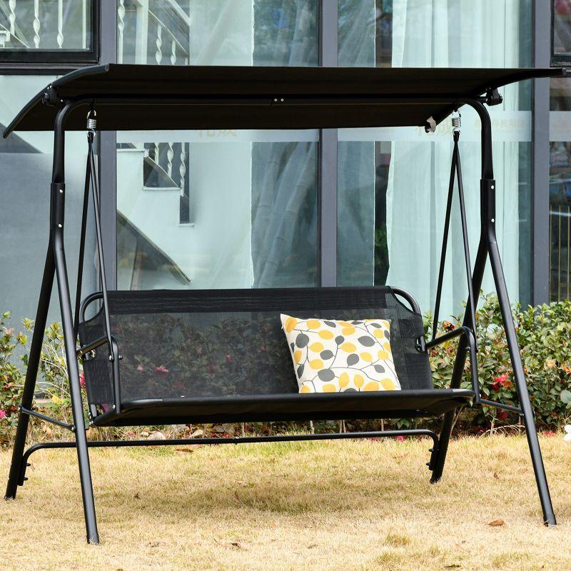 Outsunny Patio Swing Chair with Canopy, Seats 2 Adults Loveseat Bench with Canopy, Armrests, A-Frame Steel, Breathable Mesh, Black