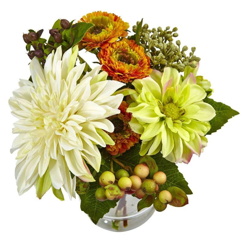 Nearly Natural 10.5-in Mixed Dahlia and Mum with Glass Vase