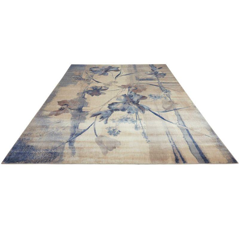 Ivory and Blue Floral Synthetic Rectangular Rug 9'6" x 13'