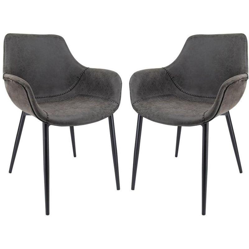 LeisureMod Markley Leather Dining Arm Chair With Metal Legs Set of 2 in Charcoal Black