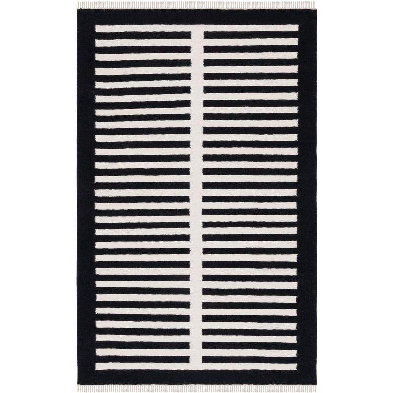 Hand-Woven Boho-Chic Black Stripe Wool Area Rug