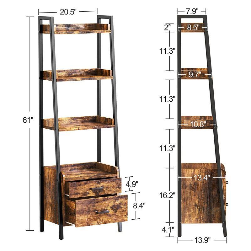 Rustic Brown Ladder Bookcase with Metal Frame and 2 Drawers