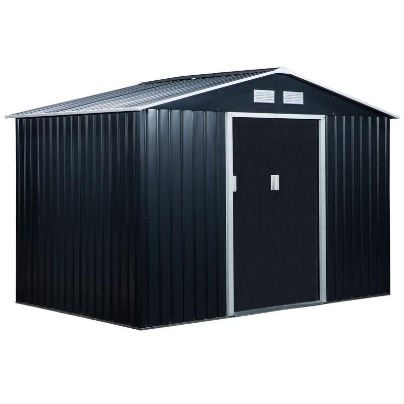 Outsunny 9' x 6' Metal Storage Shed Organizer, Garden Tool House with 4 Vents and 2 Sliding Doors for Backyard, Patio, Garage, Lawn, Dark Gray