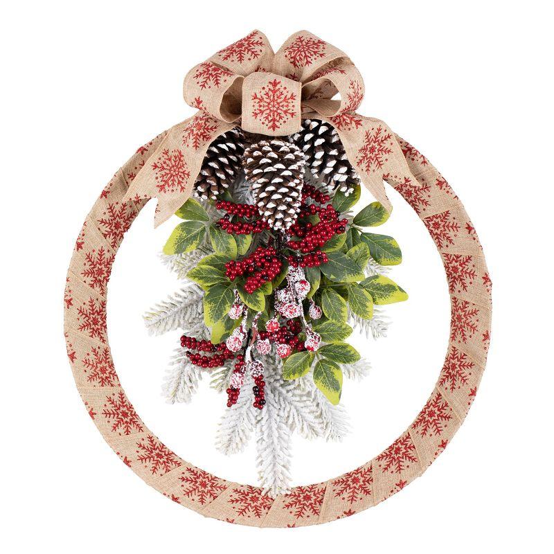 Haute Décor 18in Snowflake Homespun Wreath: Winter Door Bow, Pinecones, Faux Foliage, Indoor/Outdoor Use