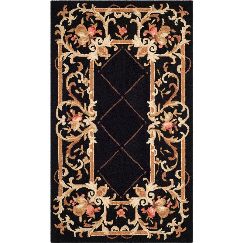 Handmade Black Floral Wool Hooked Runner Rug