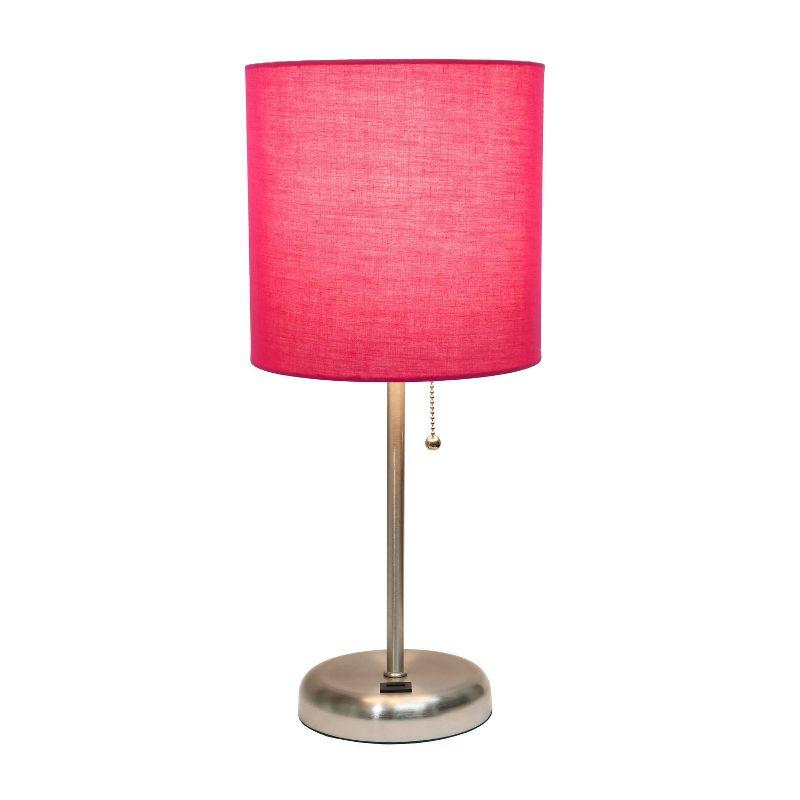 Creekwood Home 19.5" Bedside USB Port Feature Metal Table Desk Lamp Brushed Steel with Pink Fabric Shade: ETL Listed, No Assembly Required