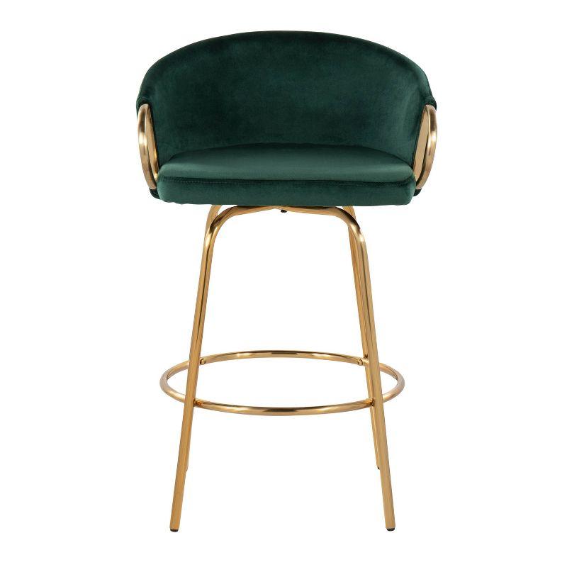 LumiSource Set of 2 Claire Upholstered Counter Height Barstools Green/Gold:: Velvet, Swivel, Steel Legs, Foam Filled