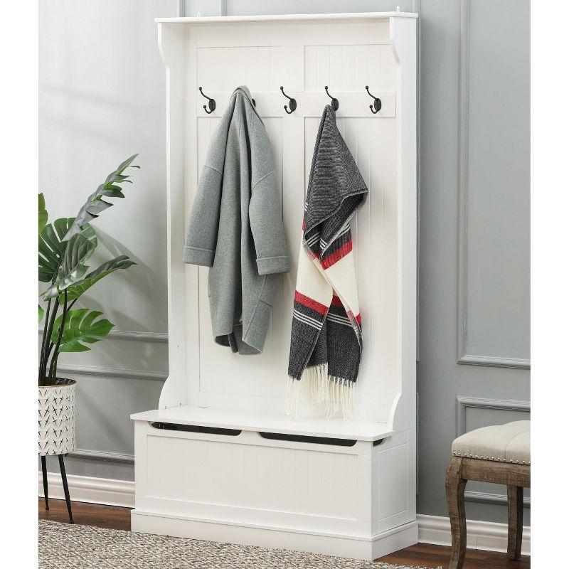 Bright White MDF Hall Tree with Storage Bench and Coat Hooks