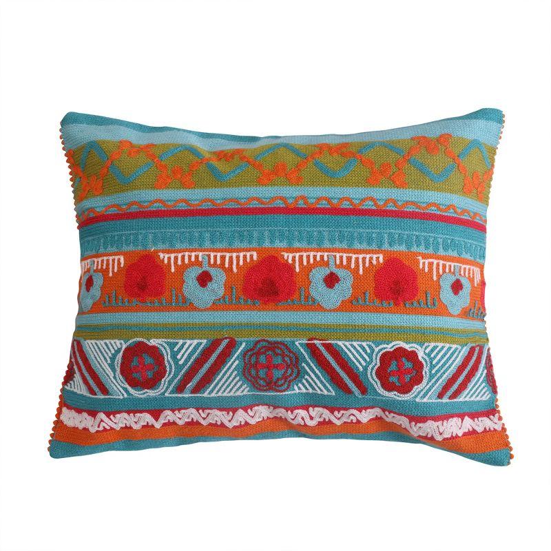 Teal and Red Embroidered Rectangular Decorative Pillow 14x18