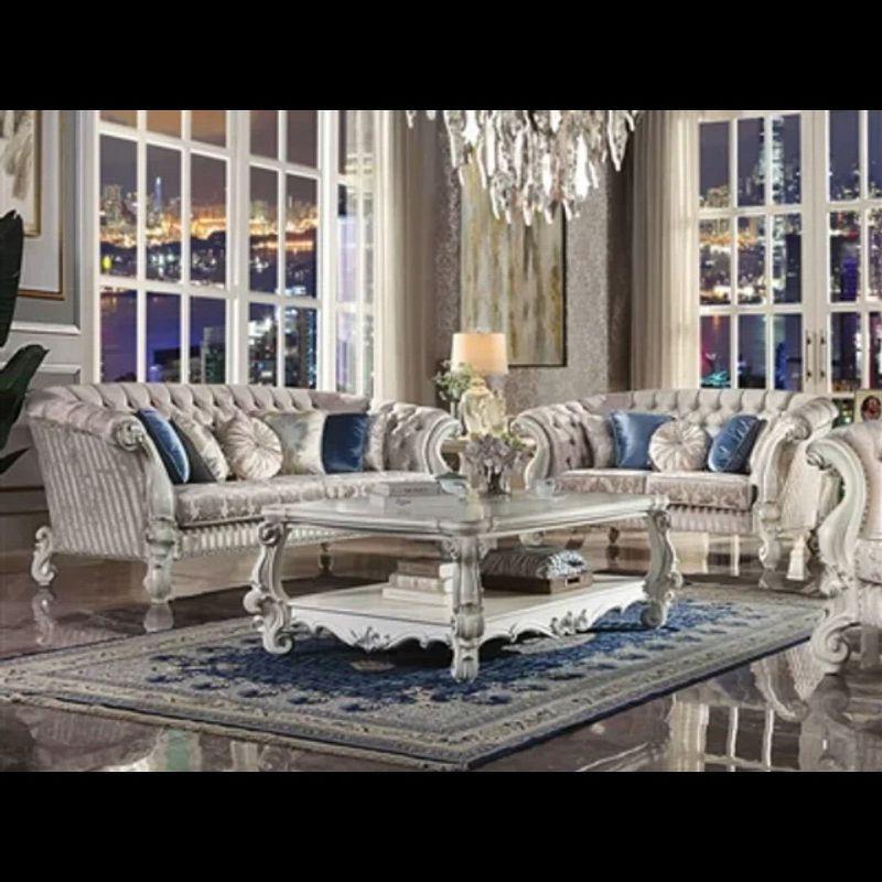 76" Versailles Sofa Ivory Fabric & Bone White Finish - Acme Furniture: Crescent, Nailhead Trim, Leather