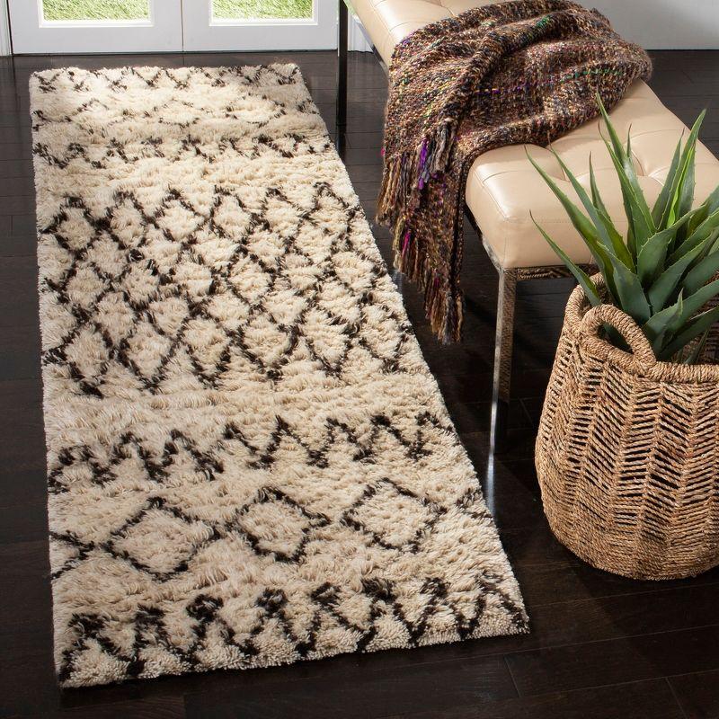 Ivory and Dark Brown Hand-Tufted Wool Shag Runner Rug - 2'3" x 6'