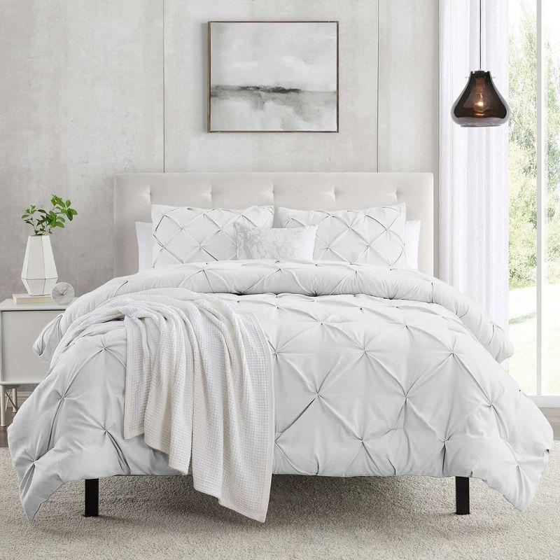 Nestl 3 Piece Pinch Pleated Duvet Cover Set, Double Brushed Pintuck Duvet Cover with Button Closure and Pillow Shams