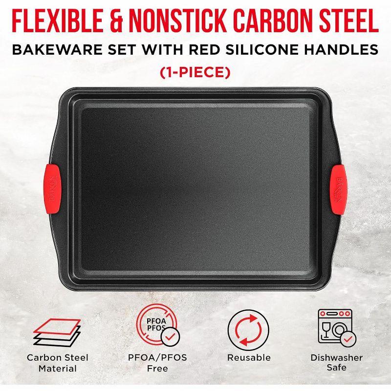 Large Gray Nonstick Carbon Steel Cookie Sheet Pan with Red Handles