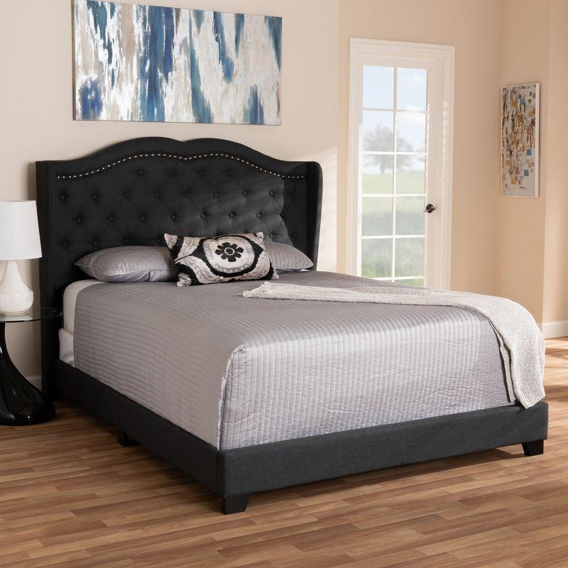 Charcoal Gray Full/Double Upholstered Wood Frame Bed with Nailhead Trim