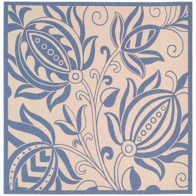 Blue and Natural Floral Motif Square Outdoor Area Rug